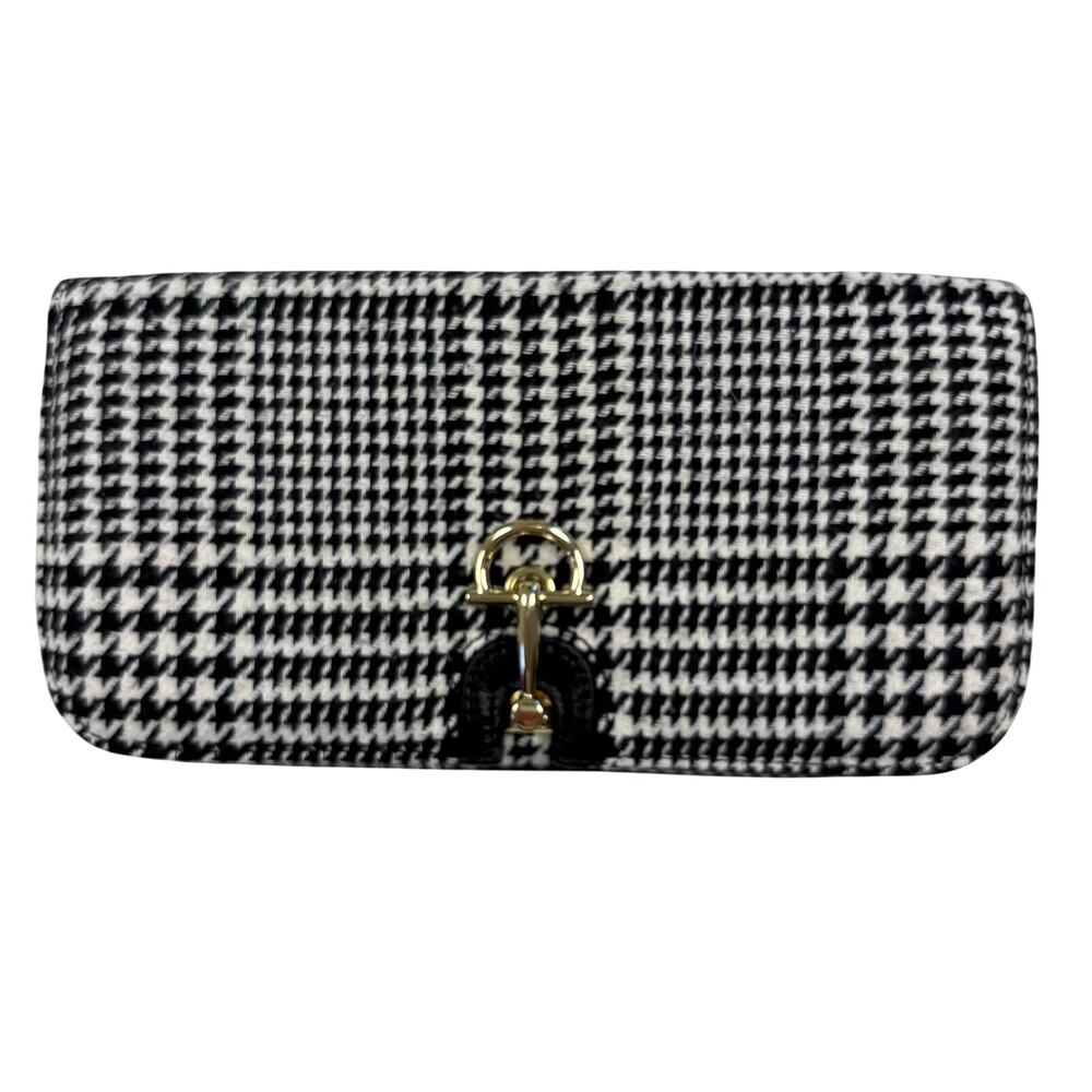 Talbots Houndstooth Leather Trim Clutch Black White Horse Bit Closure Equestrian